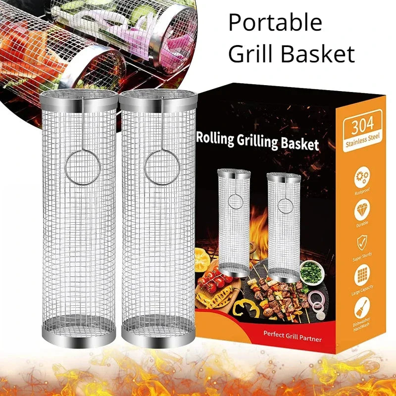 Stainless Steel Grill Basket Portable Barbecue Cage Rolling Grilling Basket Useful BBQ Grill Basket Outdoor Grill Accessories